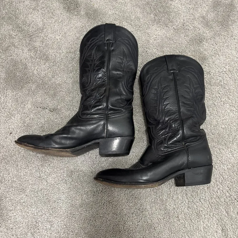 Vintage Men Tony Lama Pointed Toe Black Leather Cowboy Western Boots Size 10.5 D
